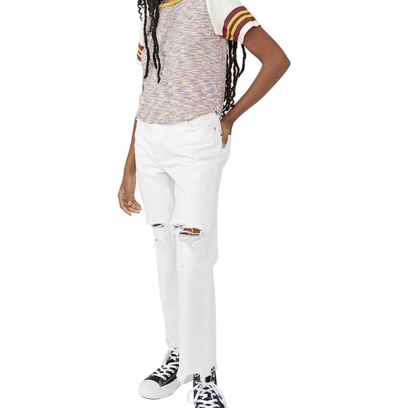 Free People We The Free Tapered Baggy Boyfriend Jeans Distressed White Size 32 - Picture 13 of 13